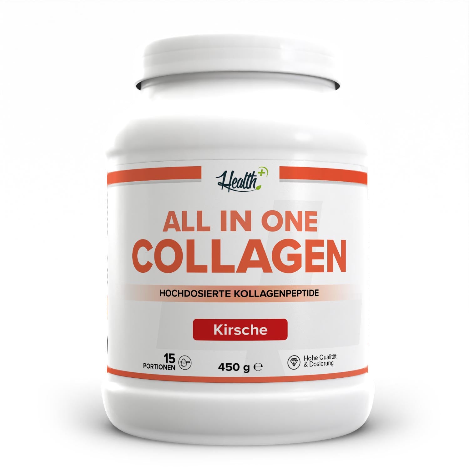 Healthplus All in One Collagen Pulver 450g Kirsche Vorderseite weiße Kunststoffdose