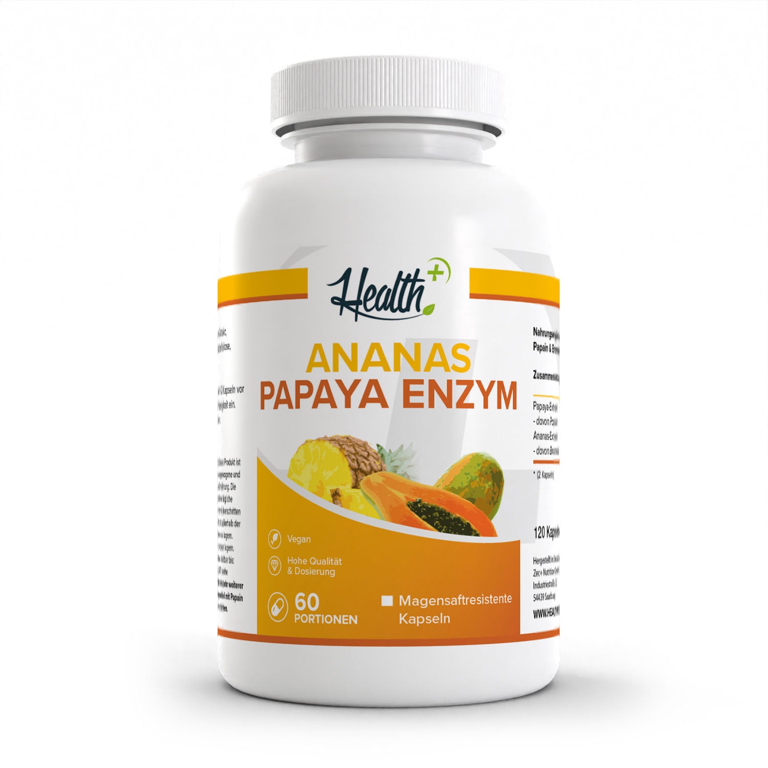 Healthplus Ananas Papaya Enzym Kapseln 120 Stück Vorderseite weiße Kunststoffdose