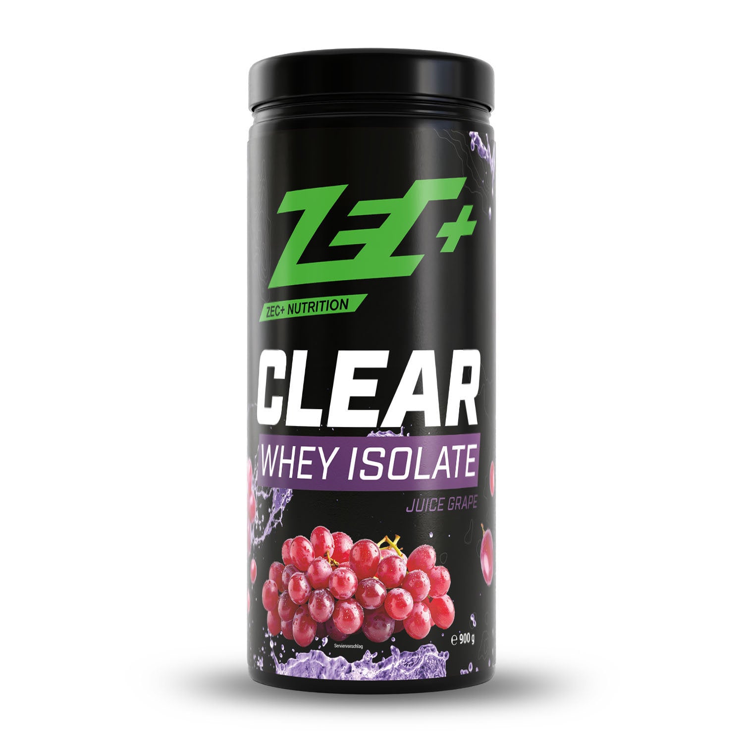 Zecplus Clear Whey Isolat Proteinpulver Rote Traube 900g Vorderseite schwarze Kunststoffdose