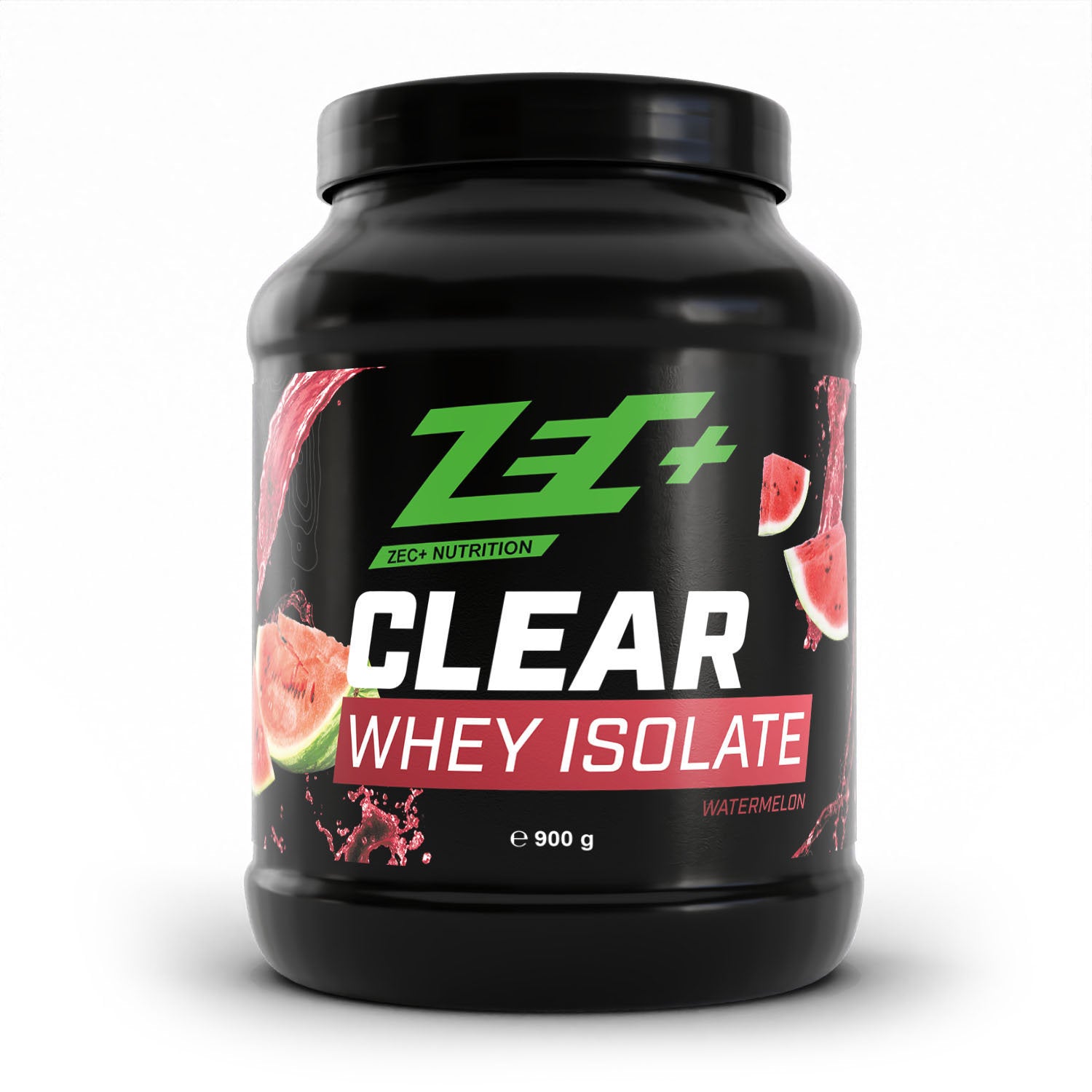 Zecplus Clear Whey Isolat Proteinpulver Wassermelone 900g Vorderseite schwarze Kunststoffdose