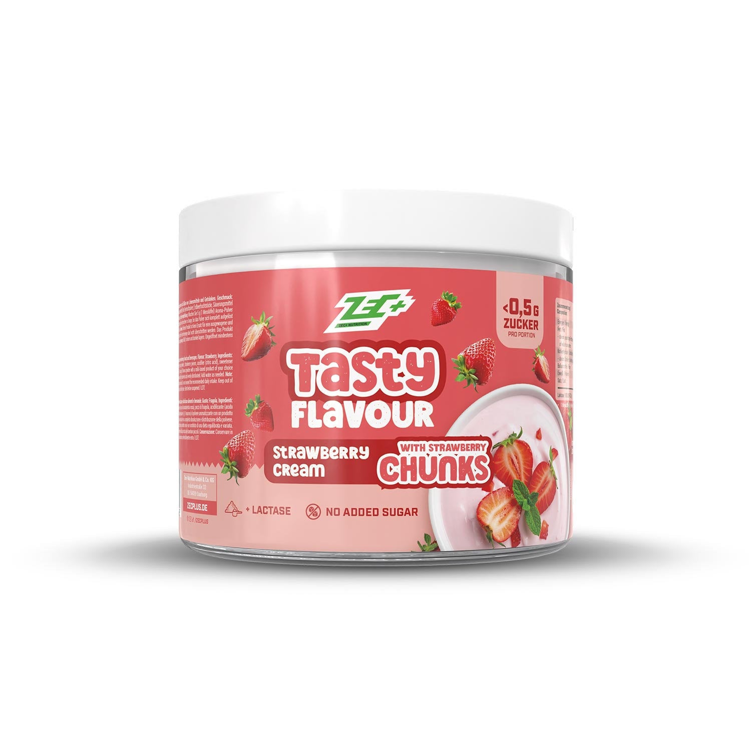 Zecplus Tasty Flavour Strawberry Cream Aromapulver 100g Vorderseite weiße Kunststoffdose