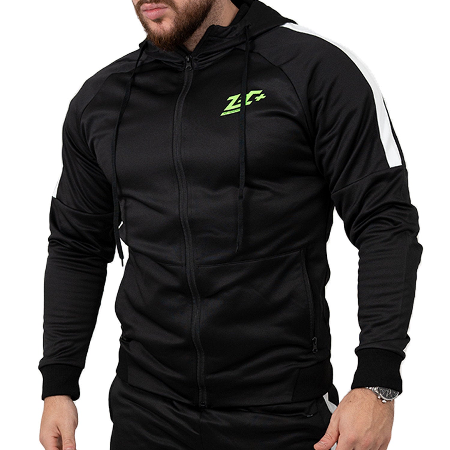 Zec+ Herren Trackuit Jacke schwarz Vorderseite mit Kapuze und Zec+ Logo