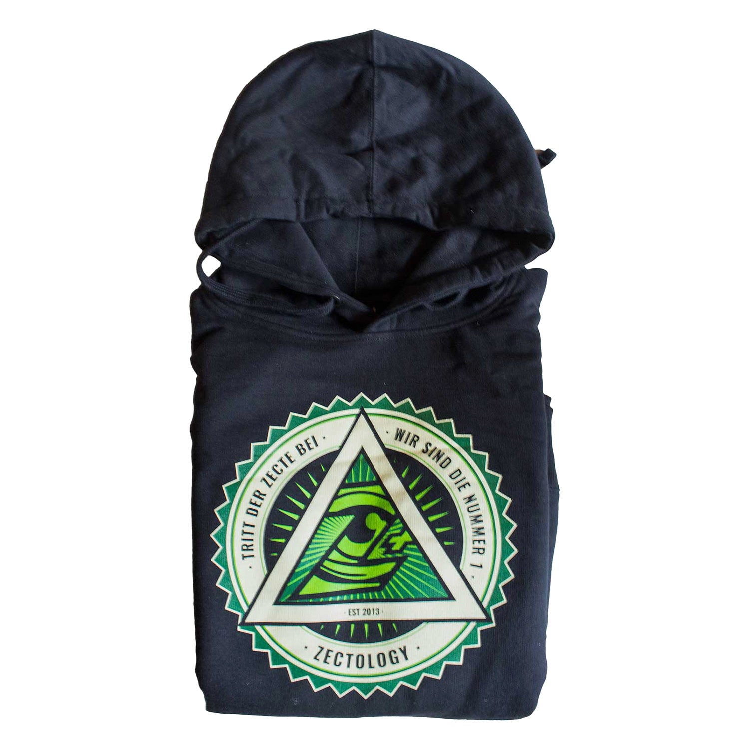 Gefalteter schwarzer Hoodie mit Zectology-Logo auf der Vorderseite
