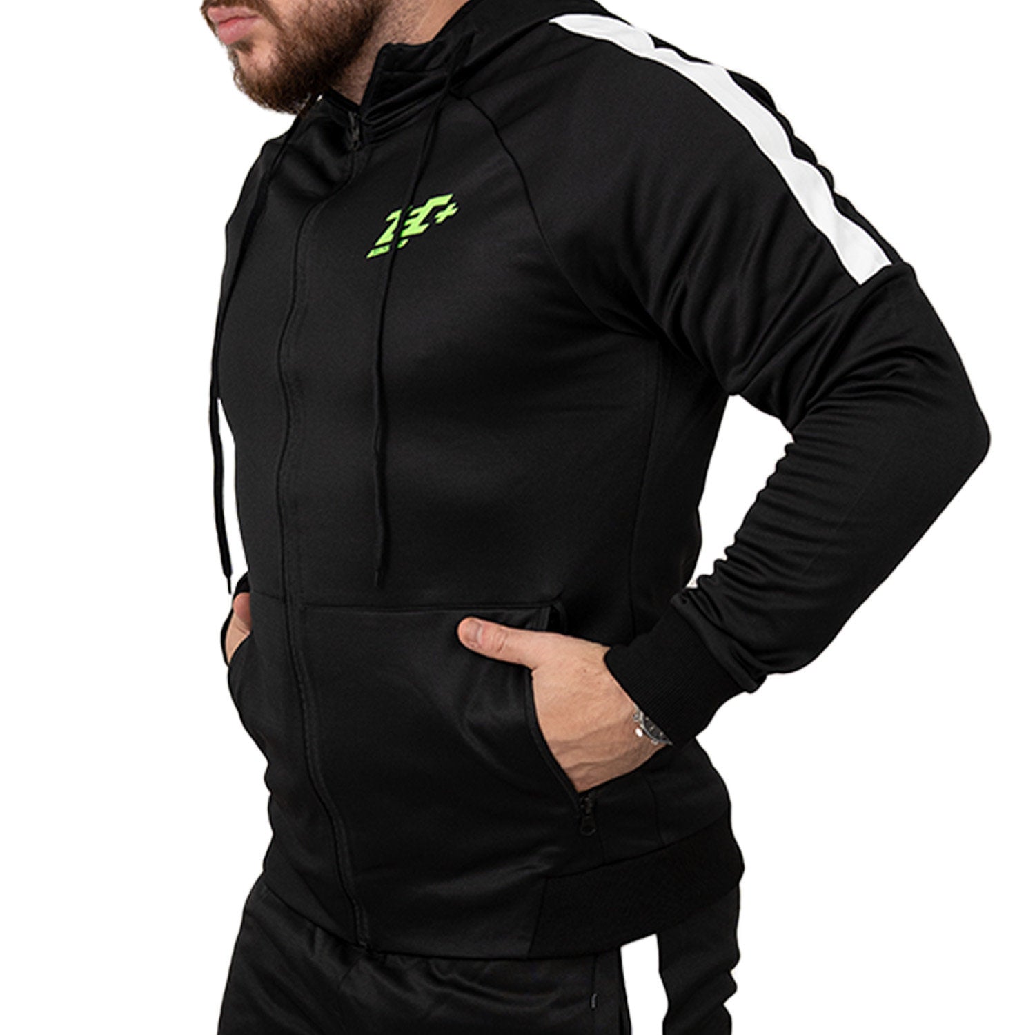 Zec+ Herren Trackuit Jacke schwarz schräg vorne mit Kapuze und Eingrifftaschen