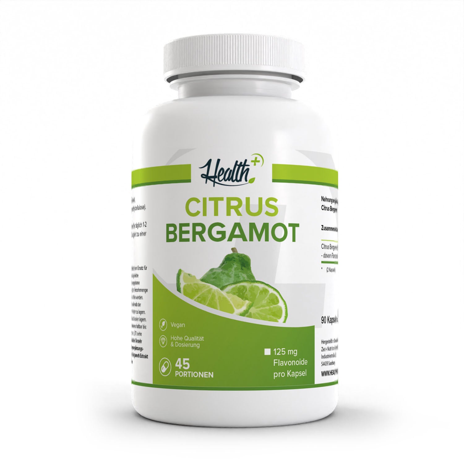 Healthplus Citrus Bergamot Bergamotte Kapseln 90 Stück Vorderseite weiße Kunststoffdose 