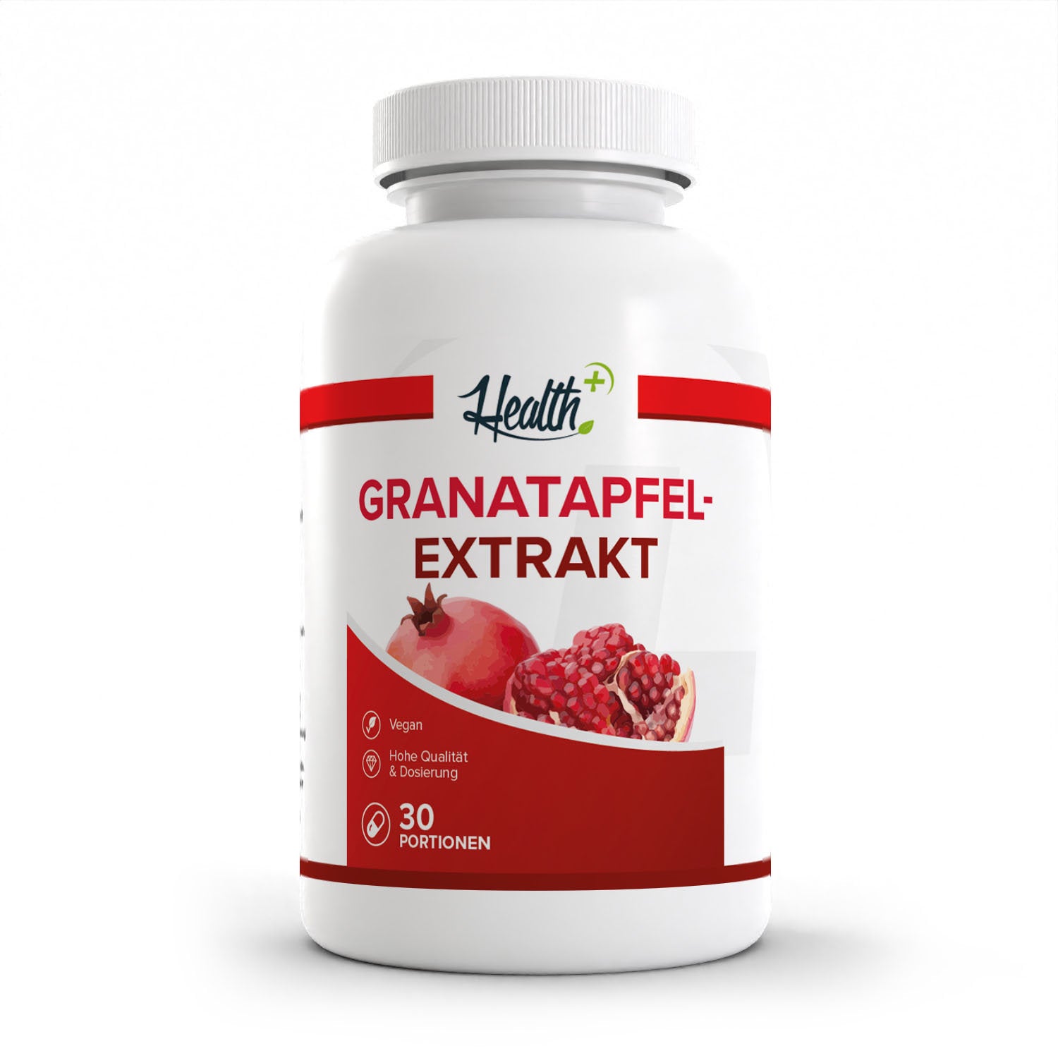 Healthplus Granatapfel Extrakt 60 Kapseln Vorderseite weiße Kunststoffdose