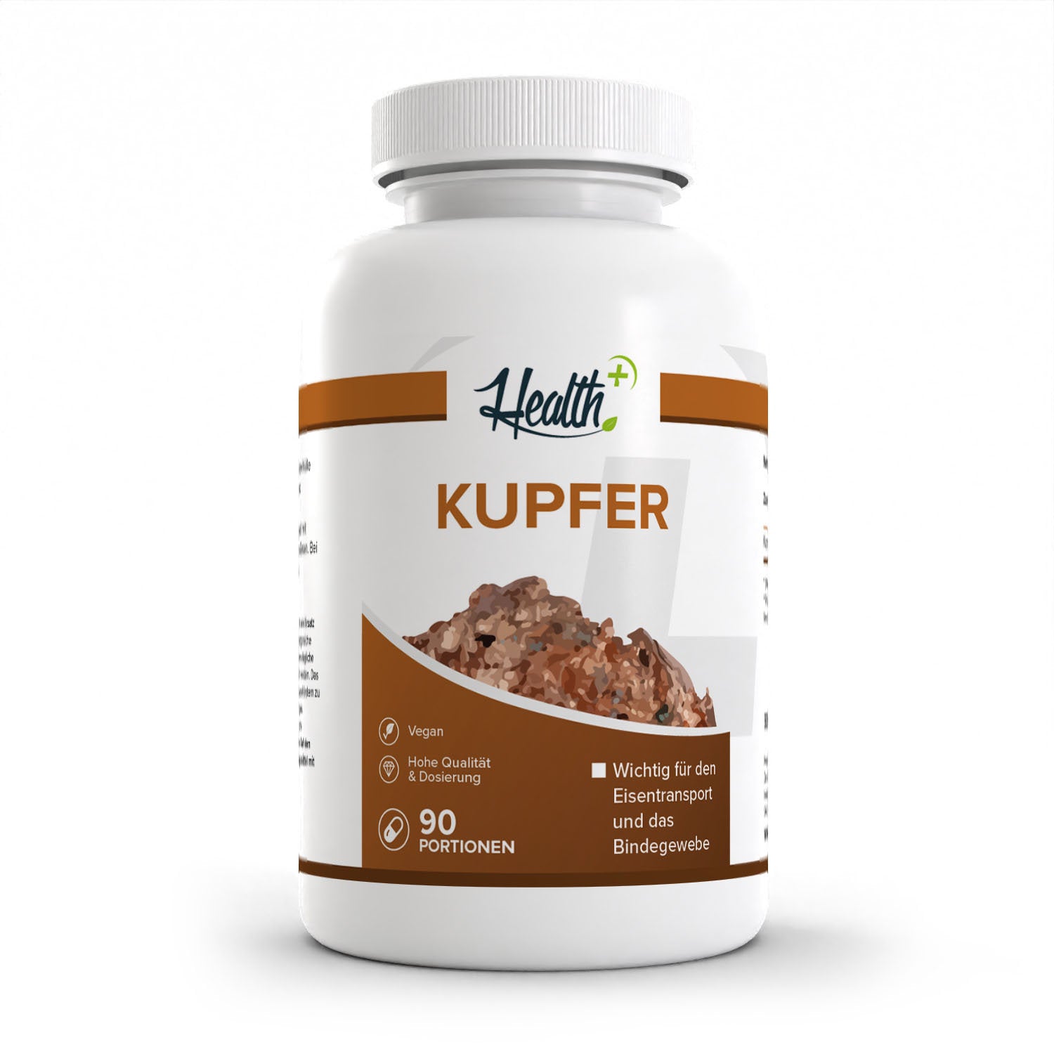 Healthplus Kupfer 90 Kapseln Vorderseite weiße Kunststoffdose
