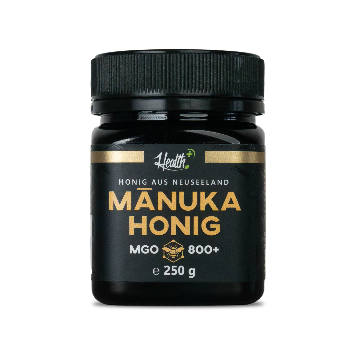 Healthplus Manuka Honig MGO 800+ 250g Vorderseite schwarze Kunststoffdose