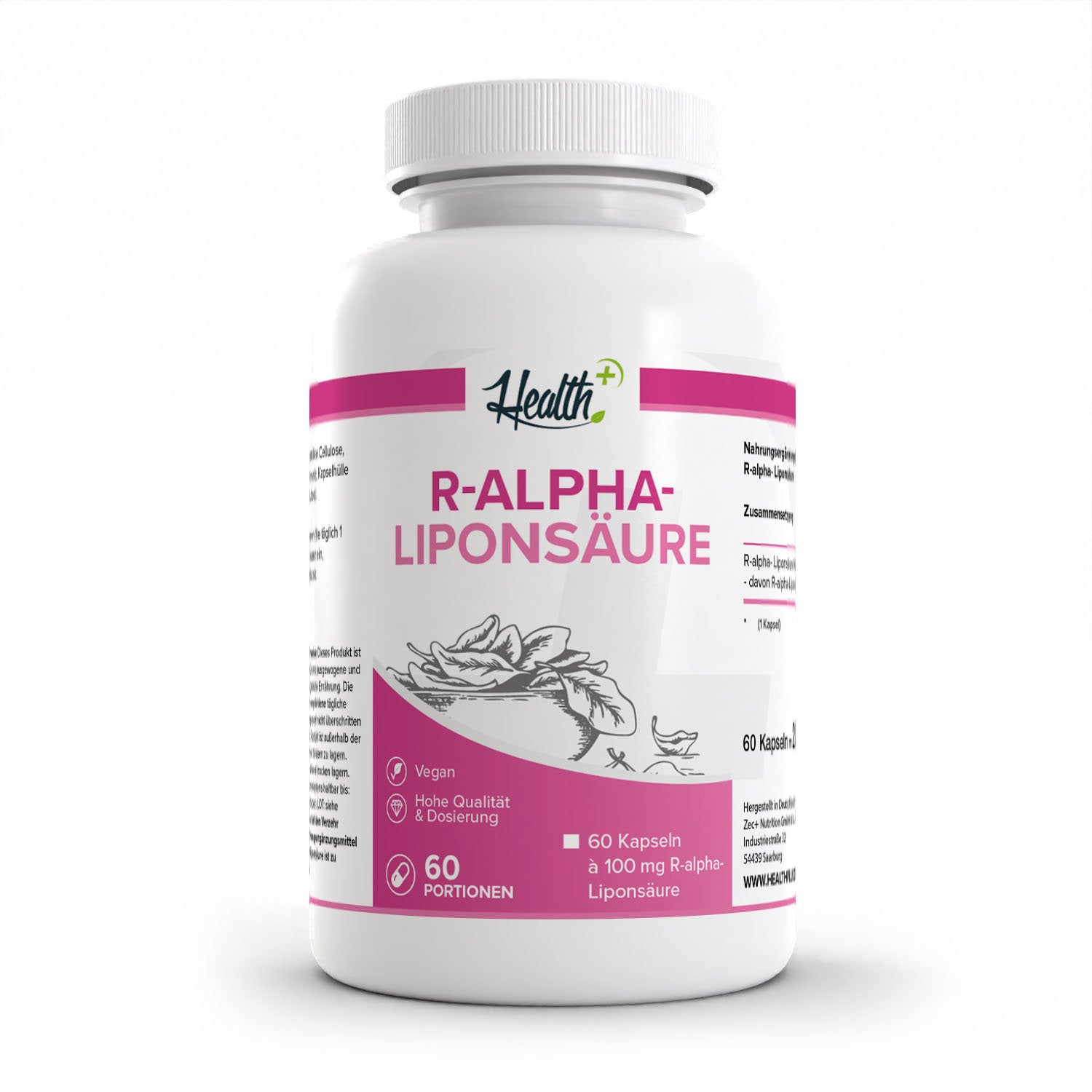 Healthplus R-Alpha-Liponsäure 60 Kapseln Rückseite Zutaten und Verzehrempfehlung weiße Kunststoffdose