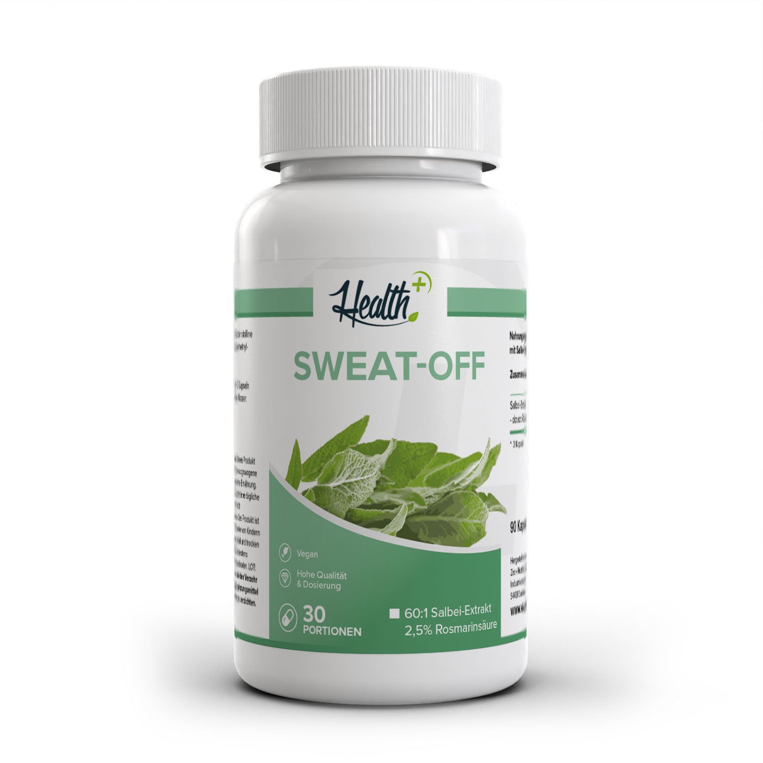 Healthplus Sweat Off Salbeiextrakt 90 Kapseln Rückseite Zutaten und Verzehrempfehlung weiße Kunststoffdose