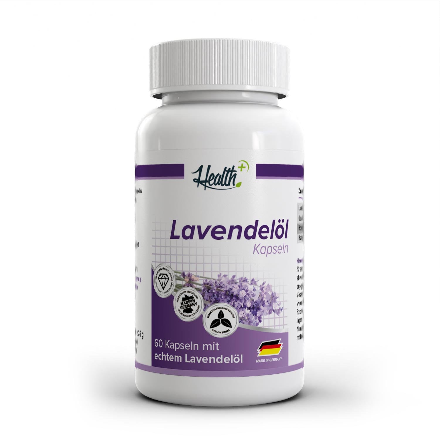 Healthplus Lavendelöl 60 Kapseln Vorderseite weiße Kunststoffdose
