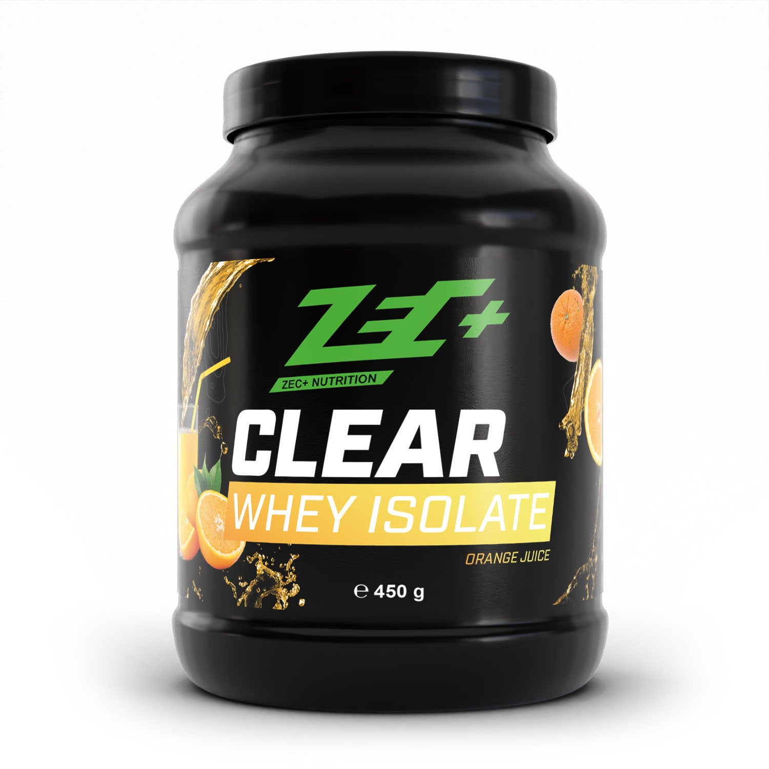 Zecplus Clear Whey Isolat Proteinpulver Orangensaft 450g Vorderseite schwarze Kunststoffdose
