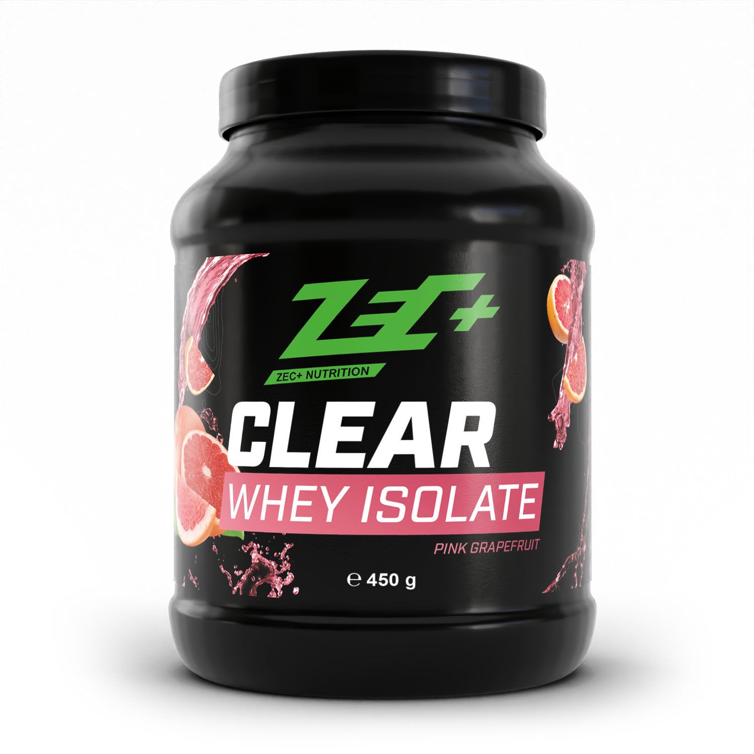 Zecplus Clear Whey Isolat Proteinpulver Pink Grapefruit 450g Vorderseite schwarze Kunststoffdose