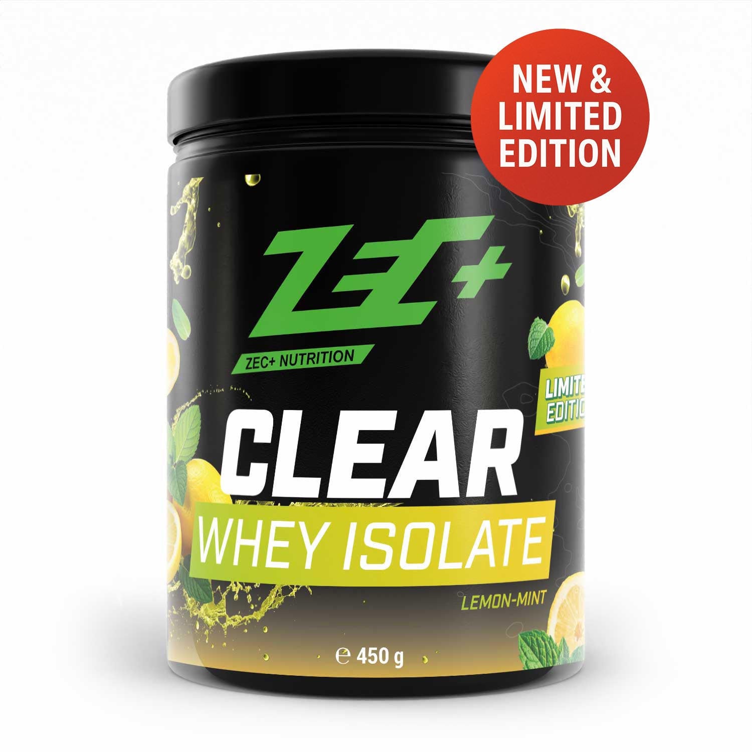 Zecplus Clear Whey Isolat Proteinpulver Zitrone Minze 450g Vorderseite schwarze Kunststoffdose