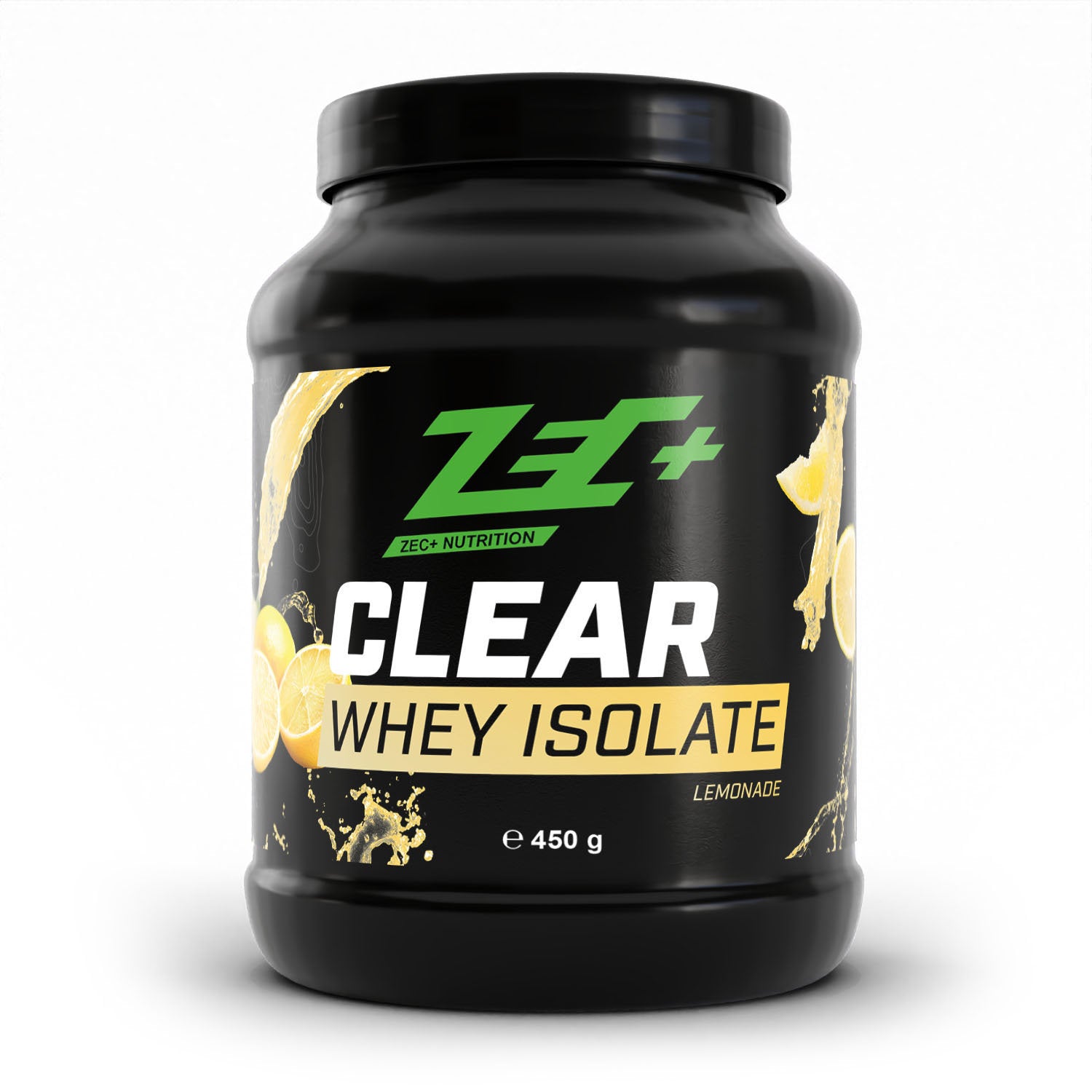 Zecplus Clear Whey Isolat Proteinpulver Zitronenlimonade 450g Vorderseite schwarze Kunststoffdose
