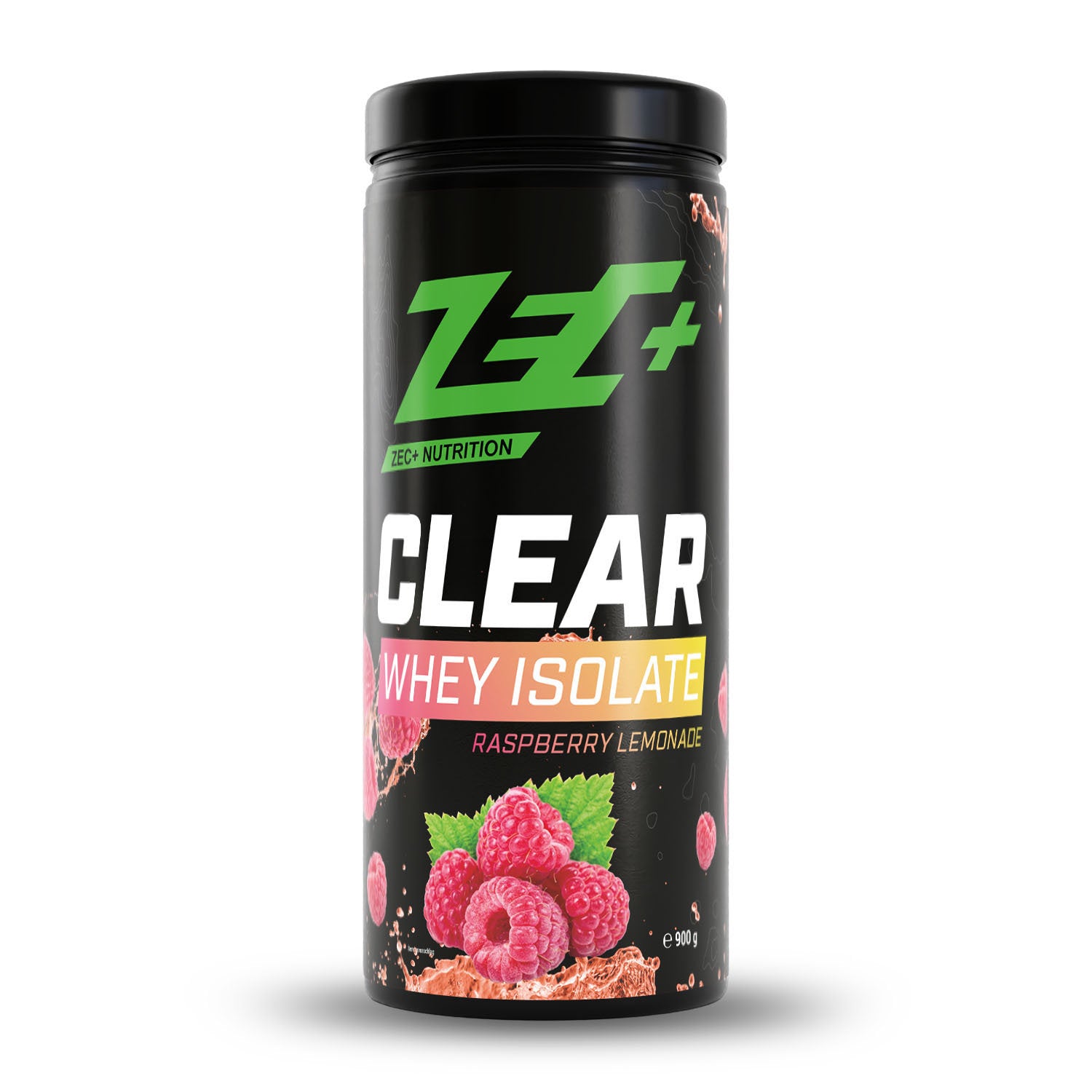 Zecplus Clear Whey Isolat Proteinpulver Himbeerlimonade 900g Vorderseite schwarze Kunststoffdose