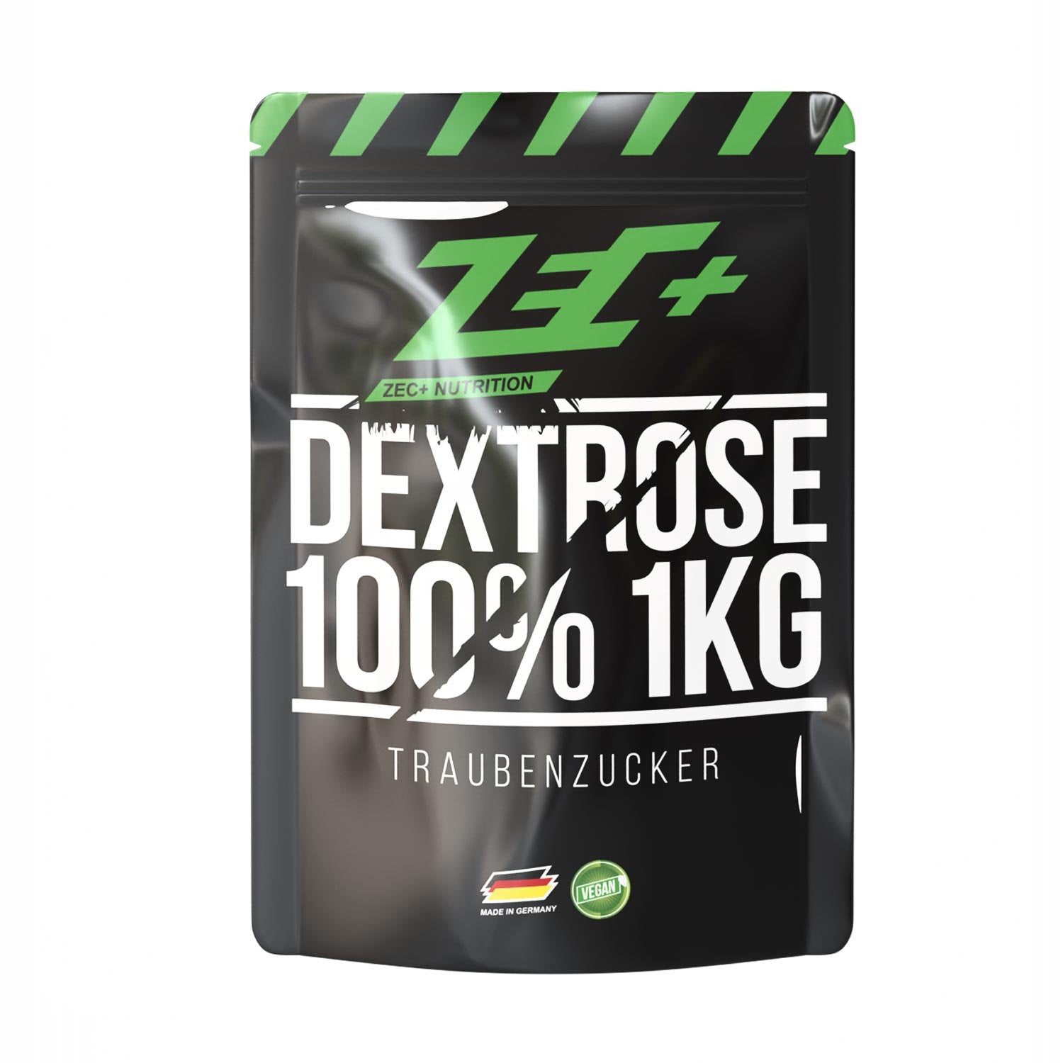 Zecplus Dextrose Traubenzucker 1000g Beutel Vorderseite schwarzer Standbeutel mit grün weißem Aufdruck
