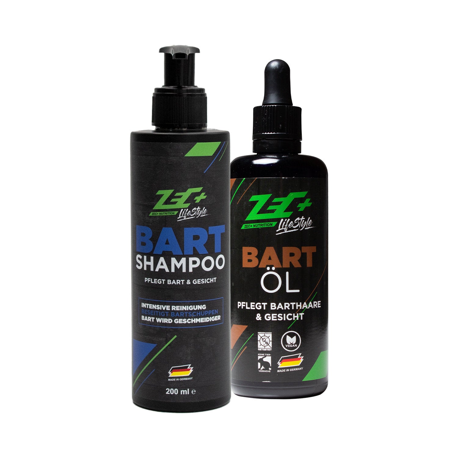 Zecplus Lifestyle Bart Bundle Bartöl 75ml und Bartshampoo 200ml Vorderseite schwarze Flaschen mit Logo