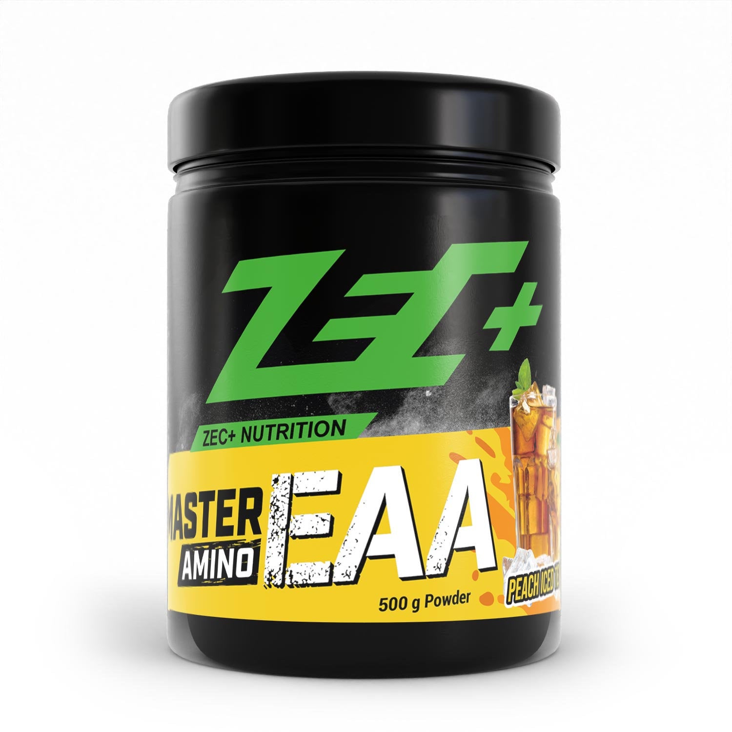 Zecplus Master Amino EAA Pfirsich Eistee 500g Pulver Vorderseite schwarze Kunststoffdose
