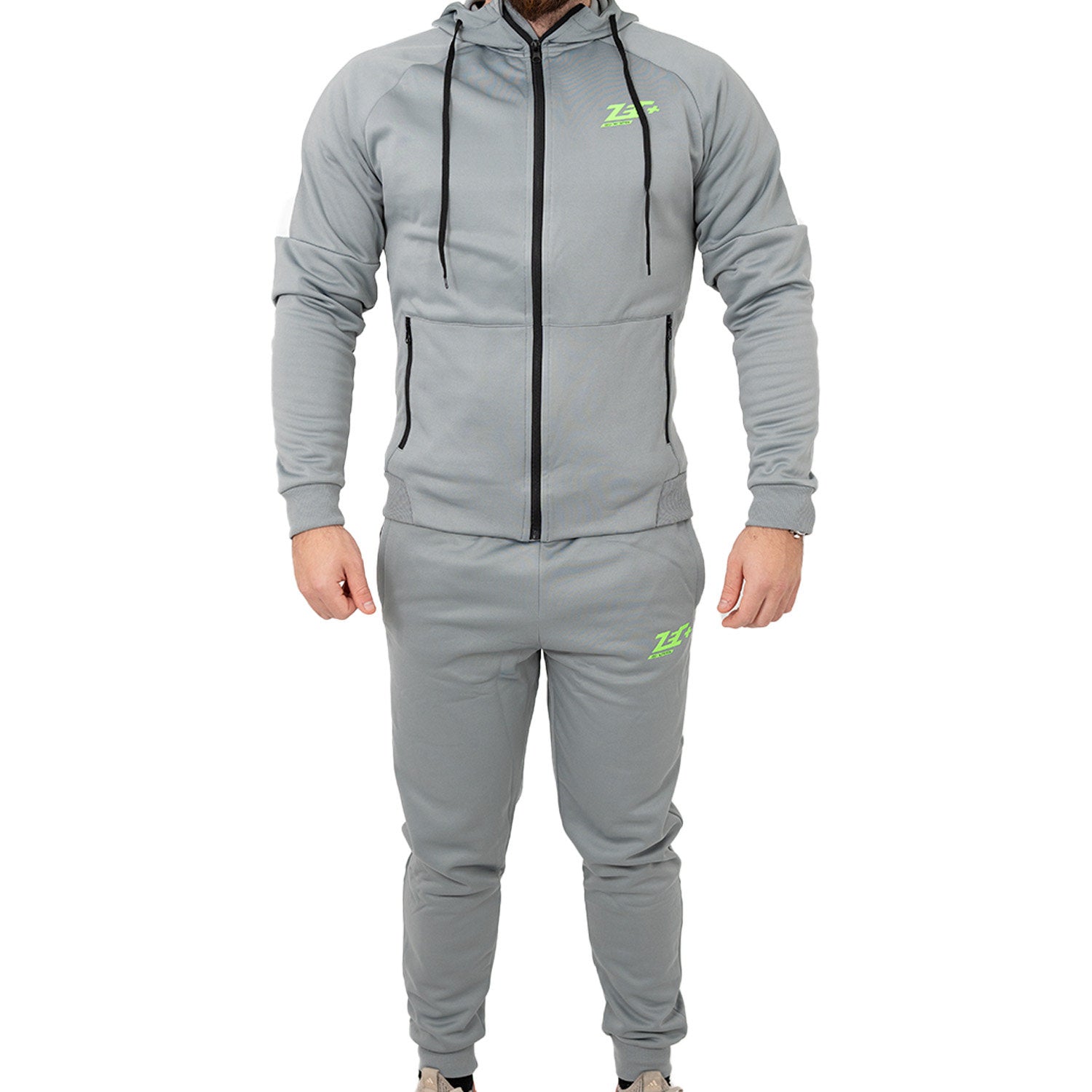Grauer Herren-Trainingsanzug mit Kapuzenjacke, Zec+ Logo und passender Hose, Vorderansicht