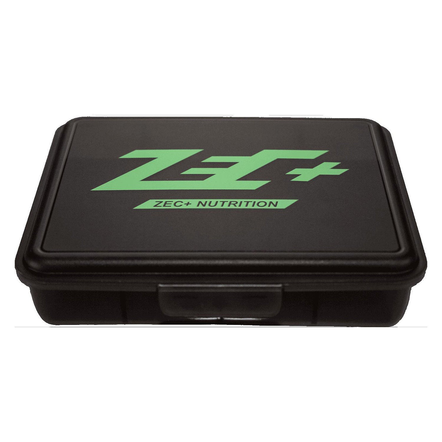 Schwarze Pillenbox XL mit grünem Zec+ Logo, Vorderseite geschlossen