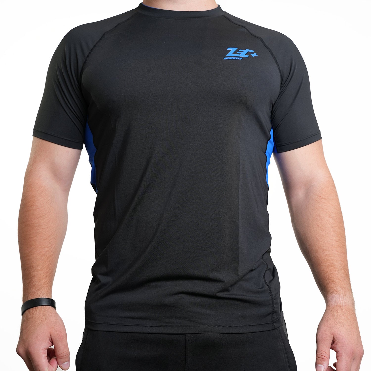 Zec+ Herren T-Shirt in Schwarz mit blauen Einsätzen, Vorderansicht, Größe S–5XL