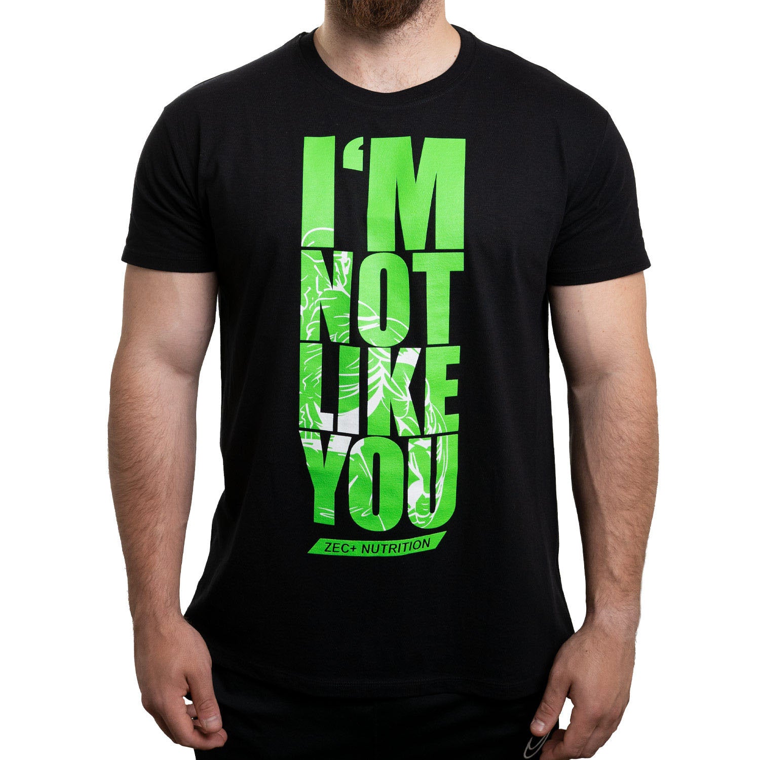 Schwarzes Zec+ Herren T-Shirt INLY 2022, Frontansicht mit grünem Aufdruck I'M NOT LIKE YOU.