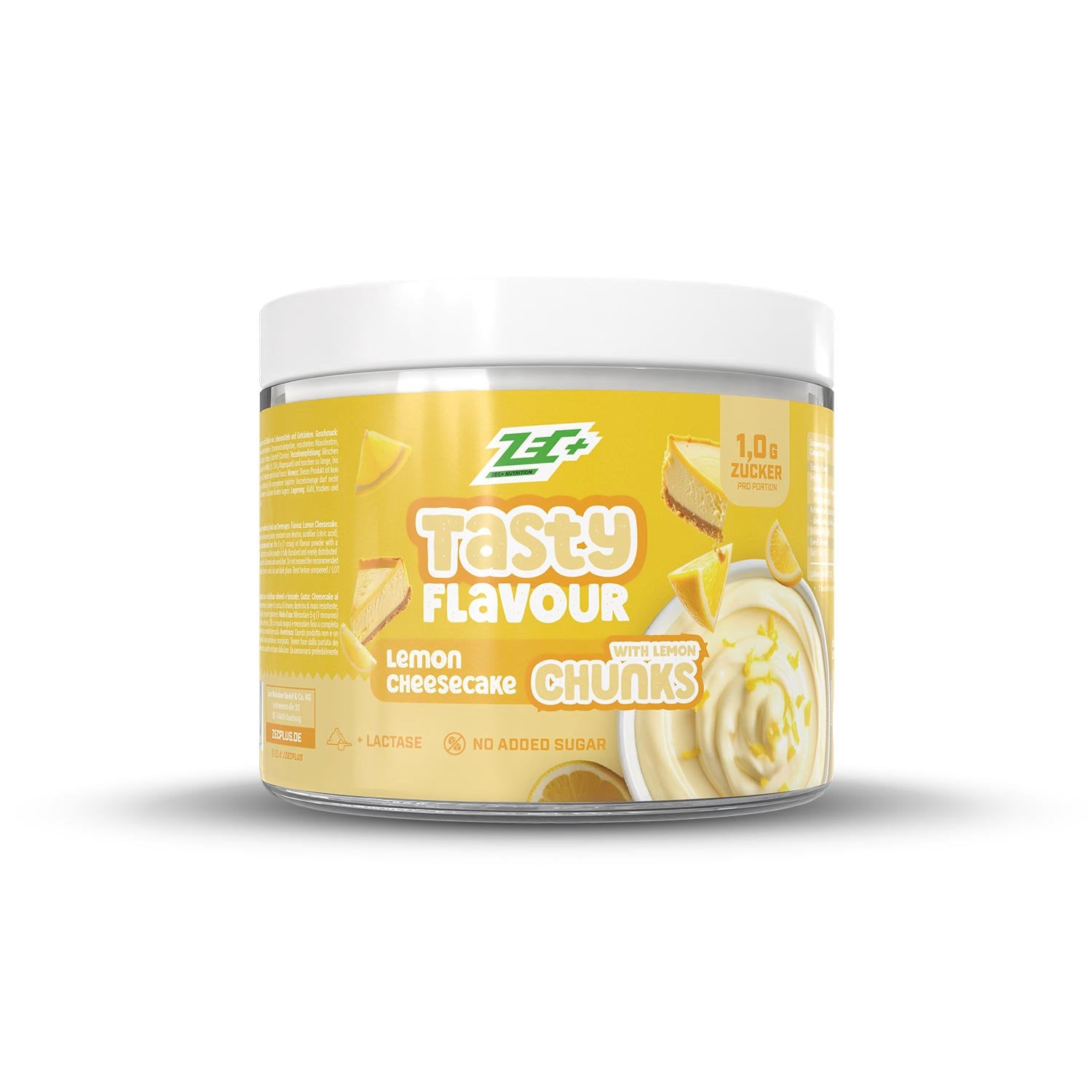 Zecplus Tasty Flavour Lemon Cheesecake Aromapulver 100g Vorderseite weiße Kunststoffdose