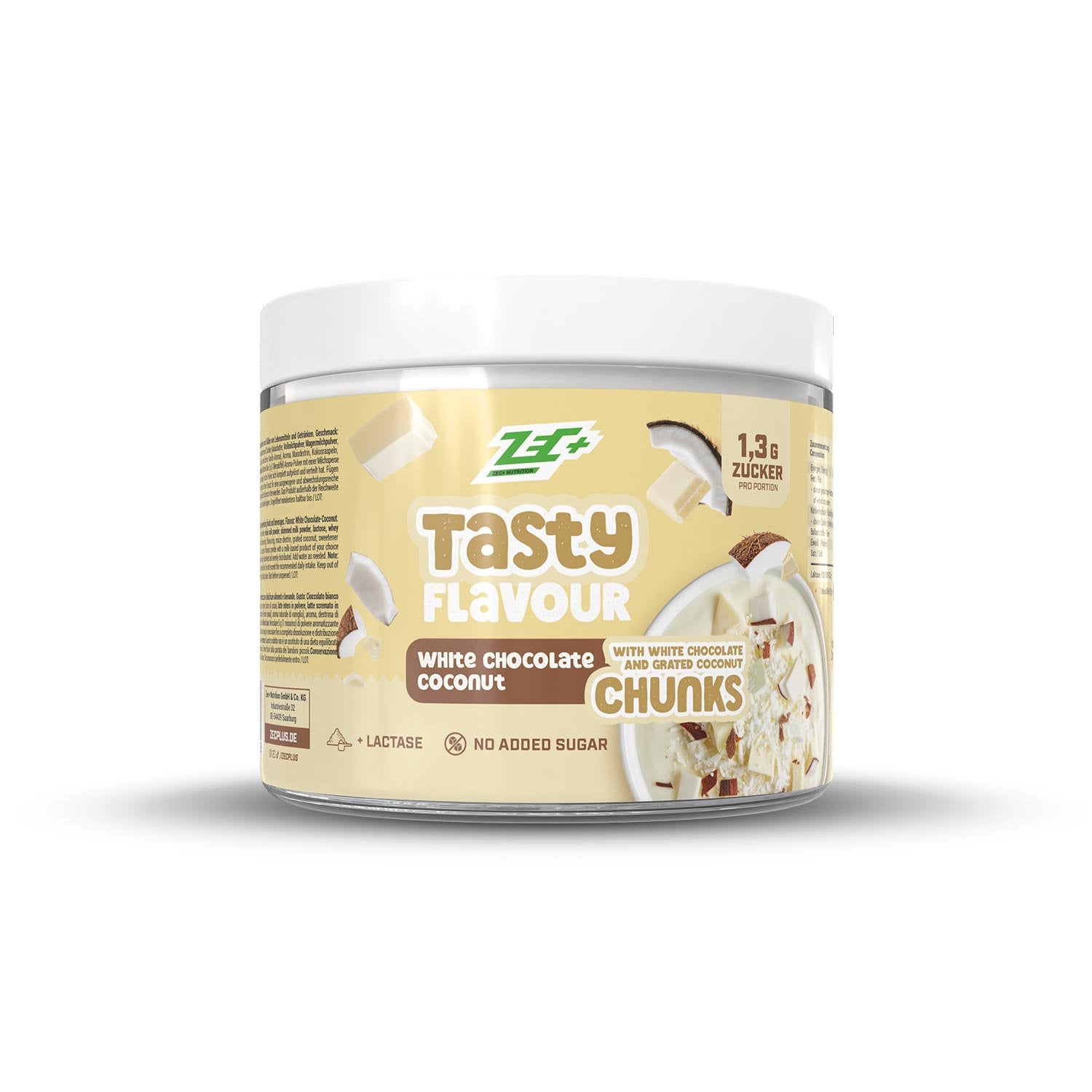 Zecplus Tasty Flavour White Chocolate Coconut Aromapulver 100g Vorderseite weiße Kunststoffdose