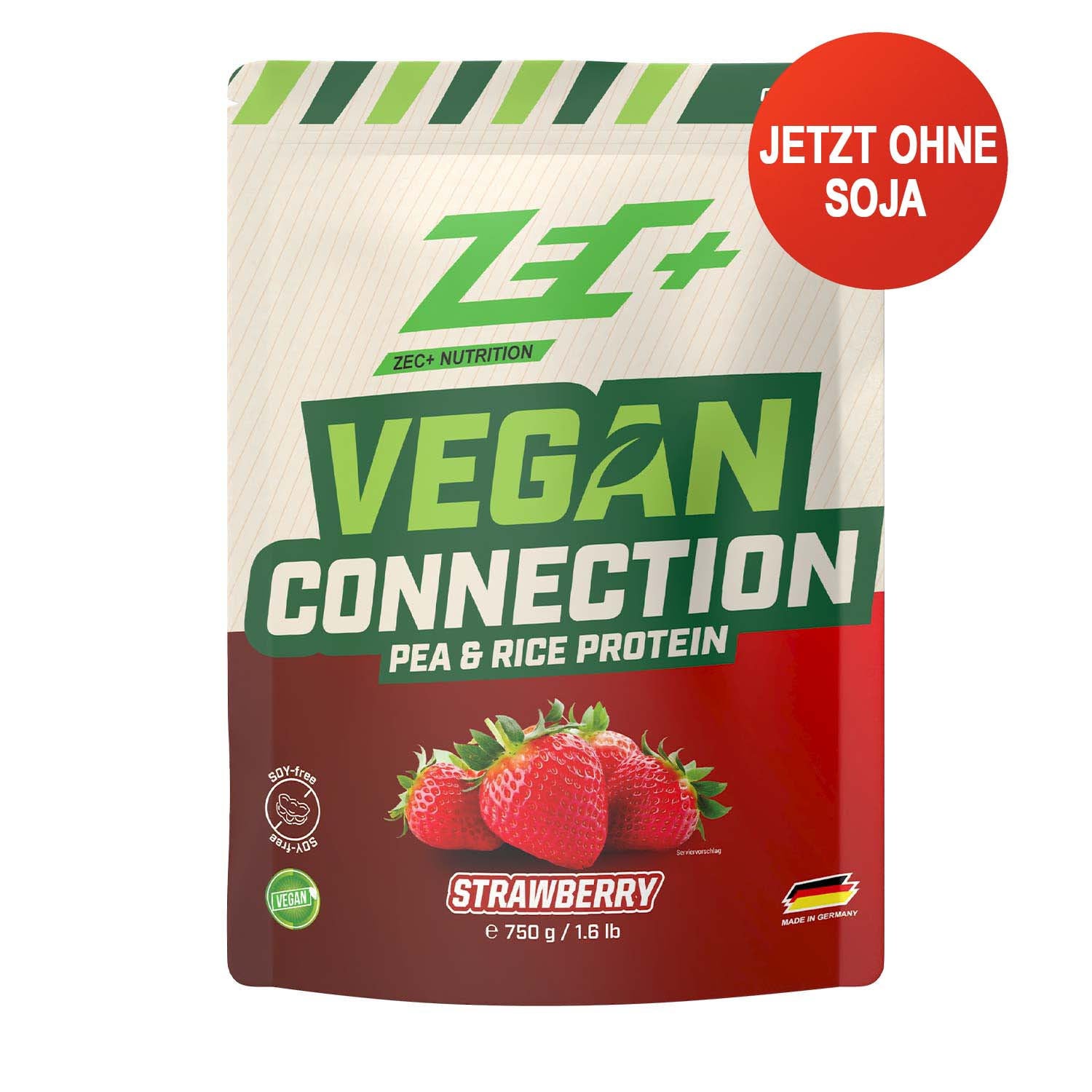Zecplus Vegan Connection Erdbeere 750g Eiweißpulver Vorderseite beiger Standbeutel 