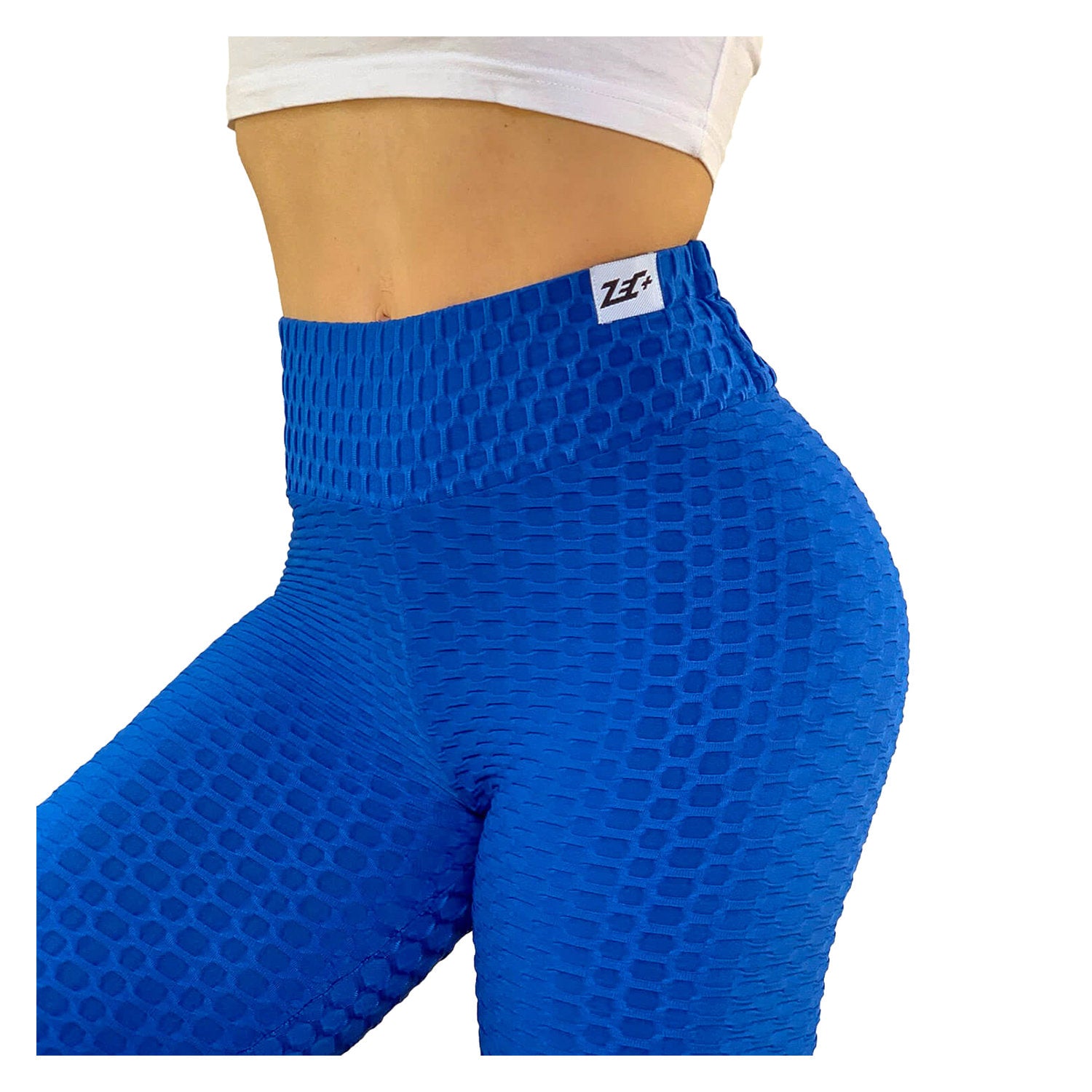 Detailansicht Zec+ Damen Leggings Perfect Shape blau, hoher Bund mit Strukturstoff