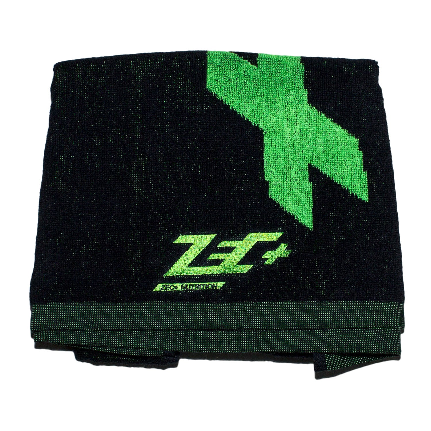 Zecplus Handtuch Schwarz zusammengefaltet Vorderseite mit grünem Logo 100x51cm