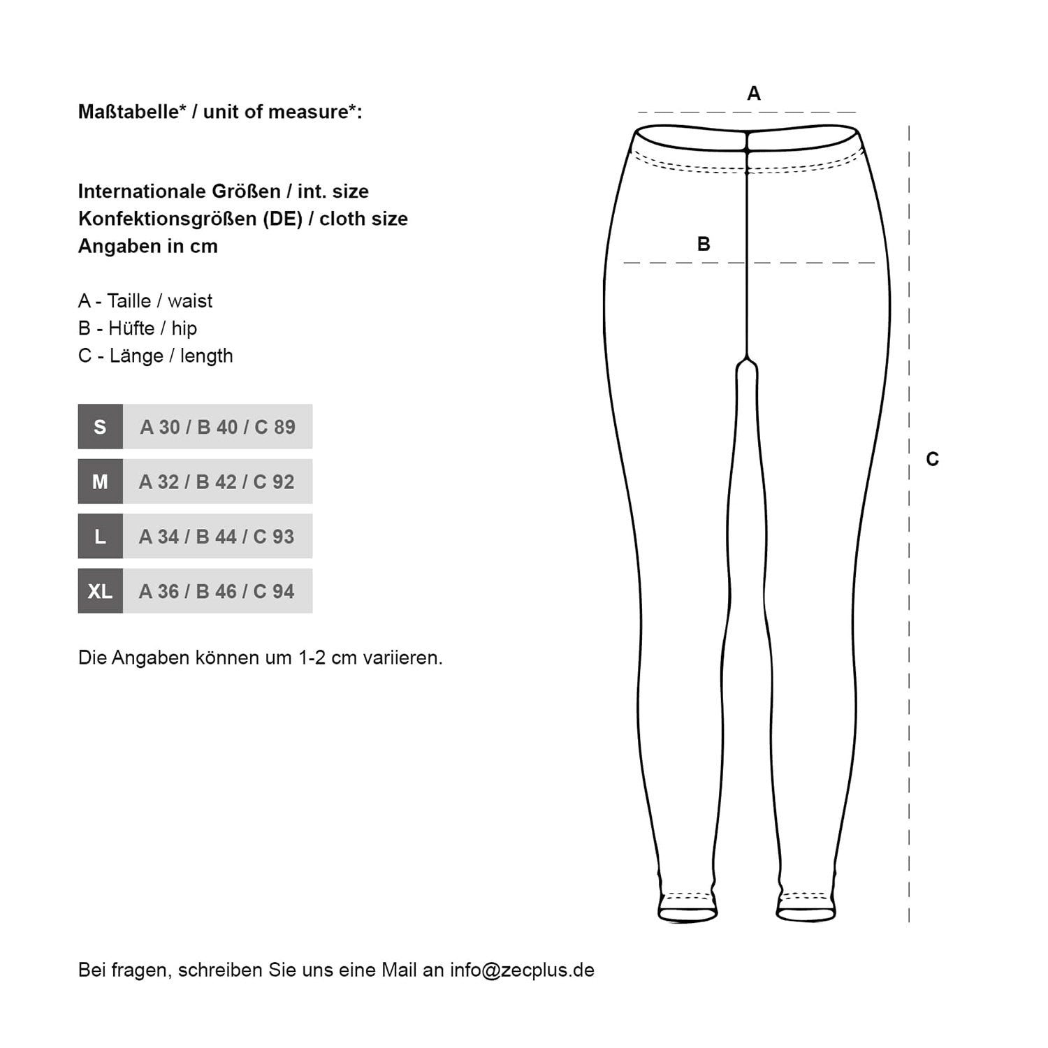 Größentabelle Zec+ Damen Leggings Perfect Shape S–XL