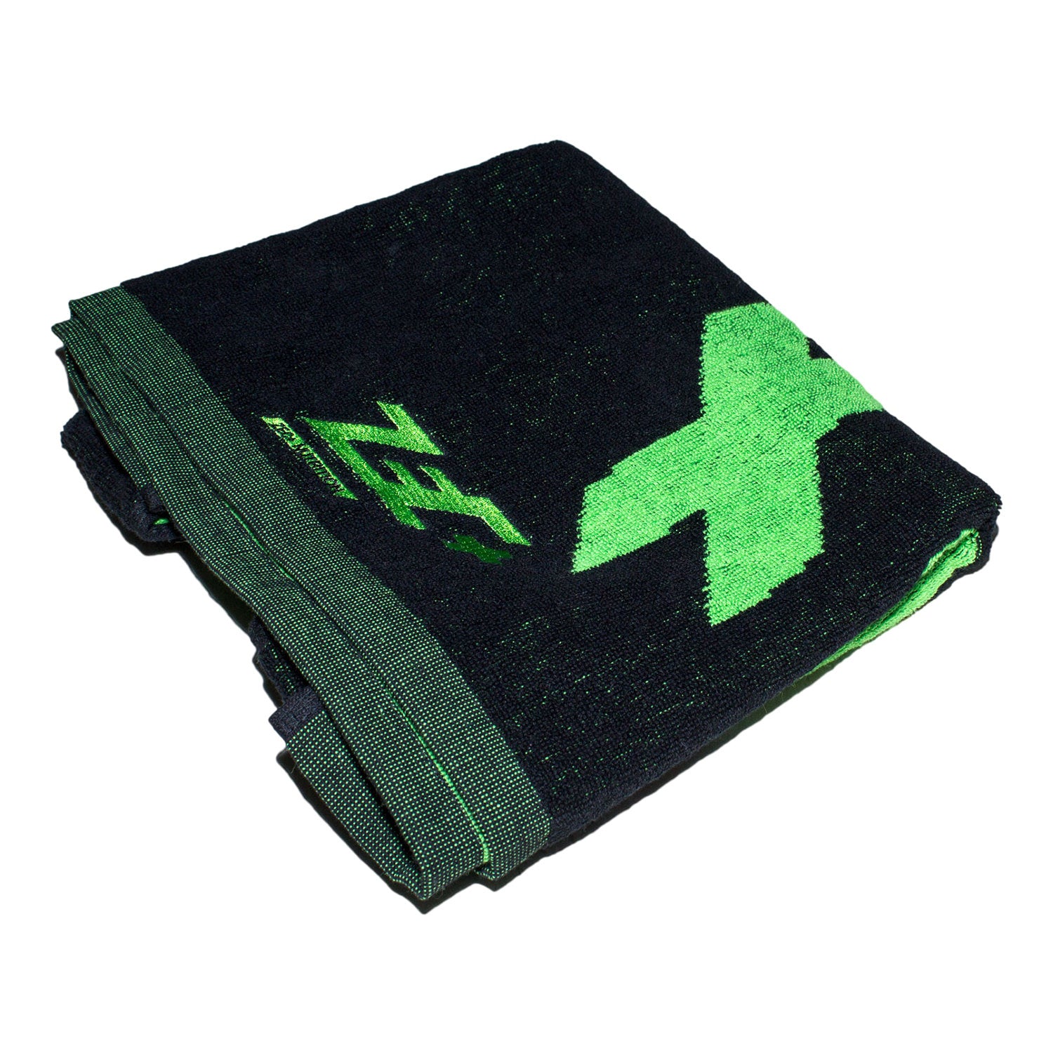 Zecplus Handtuch Schwarz zusammengefaltet Rückseite mit grünem Logo 100x51cm